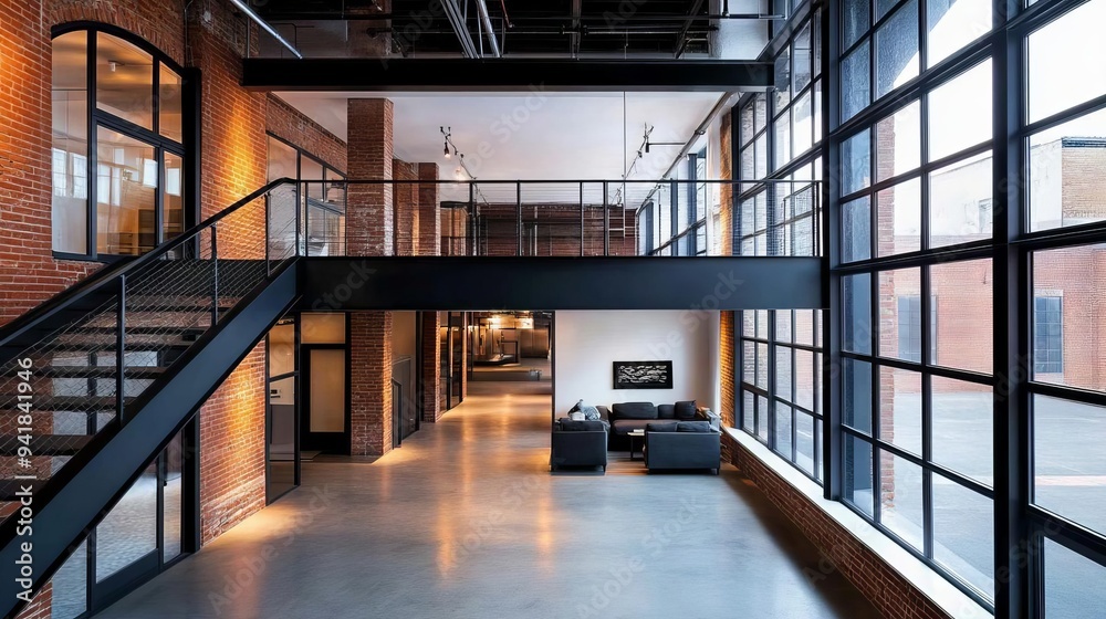 Loft with metal-framed windows and exposed brick walls, urban style, industrial charm Loft with metal-framed windows and exposed brick walls, urban style, industrial charm