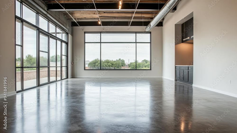 Obraz premium Loft with metal-framed windows and concrete floors, urban elegance, industrial design