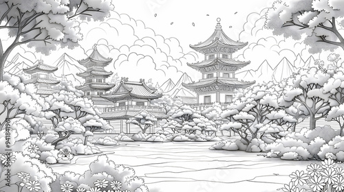 Hand Drawn Sketch Line Art Draft that showcases of Misty Japanese Temple and Garden and Chinese Temple with Cherry Blossoms at Riverside in the Morning