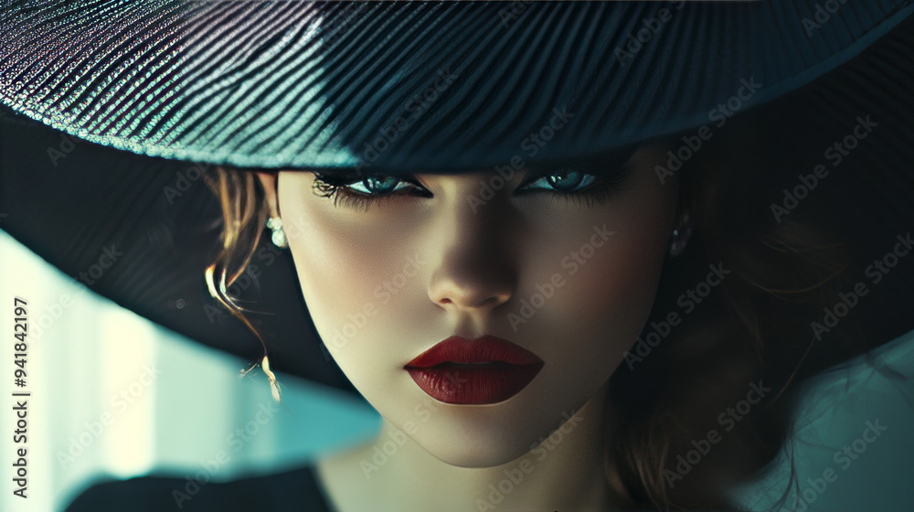 Indoor portrait of a fashionable woman with hidden eyes, hat, and stylish accessories. Close-up. Indoor portrait of a fashionable woman with hidden eyes, hat, and stylish accessories. Close-up.
