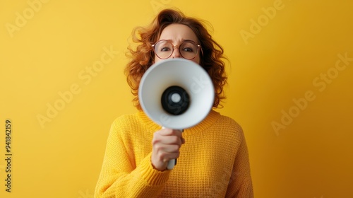 A person holding a white megaphone against a bright yellow background, capturing a moment of communication or protest. The person is wearing a mustard yellow sweater. photo