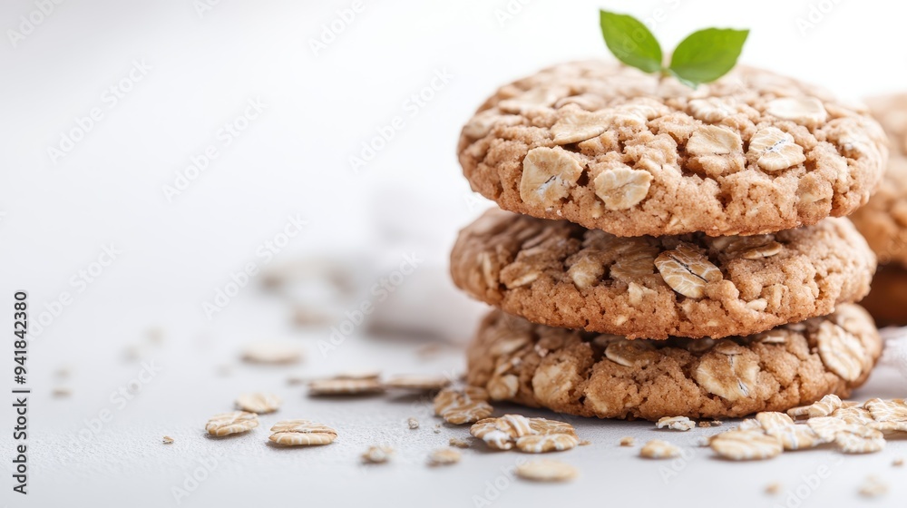A close-up of three oatmeal cookies neatly stacked on a white table with scattered oats around them, conveying a homemade, rustic feel and the simplicity of baked goods. A close-up of three oatmeal cookies neatly stacked on a white table with scattered oats around them, conveying a homemade, rustic feel and the simplicity of baked goods.