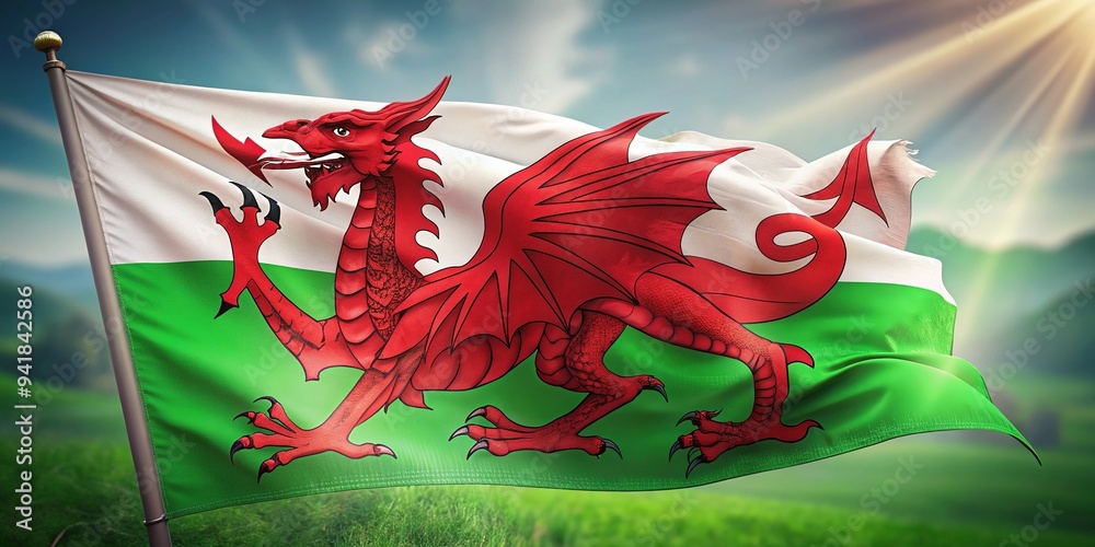A vibrant red dragon emblazoned on a white and green background, proudly waving in the wind, symbolizes national pride and Welsh heritage. A vibrant red dragon emblazoned on a white and green background, proudly waving in the wind, symbolizes national pride and Welsh heritage.