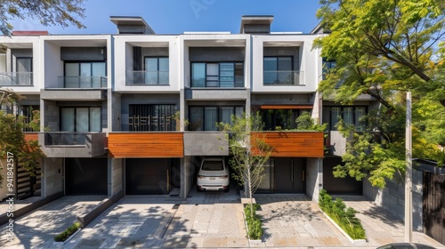 Contemporary townhouses featuring sleek designs, balconies, and a well-kept front yard, representing modern urban living. photo