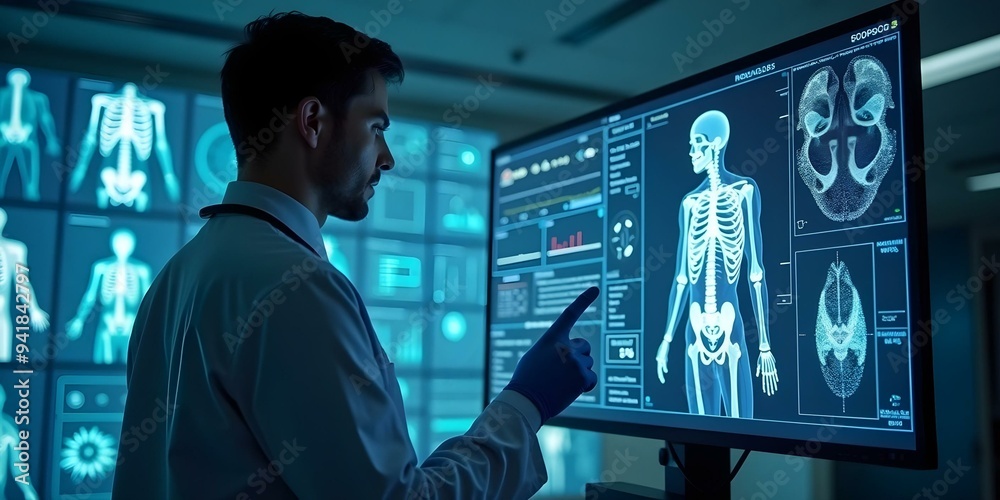 A healthcare professional analyzes AI-driven screens that display complex medical algorithms and data visualizations, helping predict and track disease progression. A healthcare professional analyzes AI-driven screens that display complex medical algorithms and data visualizations, helping predict and track disease progression.