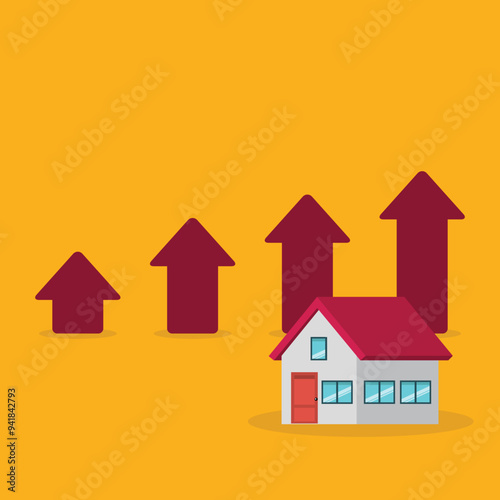 Arrows rise up above the house. The concept of growth in demand for real estate. Increase in the value of property, vector illustration	