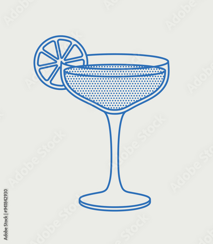Gimlet cocktail with lime. Line art, retro. Vector illustration for bars, cafes, and restaurants.