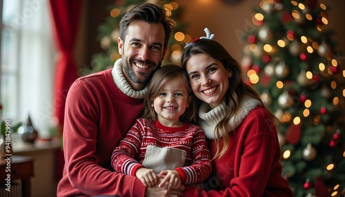 A heartwarming family portrait in Christmas-themed attire, posing in front of a decorated tree with subtle holiday decorations and warm lighting.