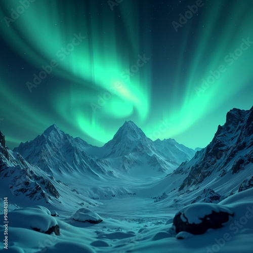 Aurora Borealis Over Snow-Capped Mountains - AI Generated