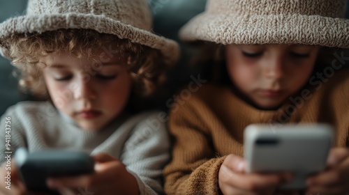 Two children sit side by side, deeply engrossed in their mobile phones, with their curly hair adding to the charm of the candid moment caught on camera. photo