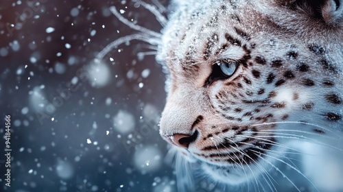 A captivating image of a leopard bracing a snowstorm with intense gaze, presenting the animal's resilience and majestic nature against a backdrop of falling snow and cold environment. photo