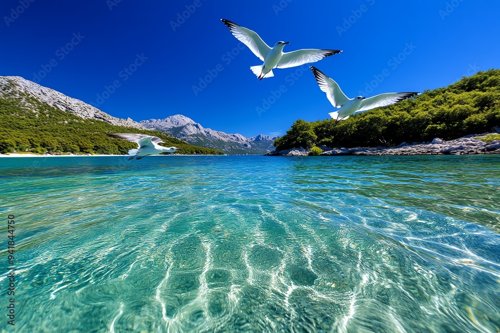 Beautiful birds flying over a crystal-clear lake in a travel/adventure image, highlighting the serene landscape Beautiful birds flying over a crystal-clear lake in a travel/adventure image, highlighting the serene landscape