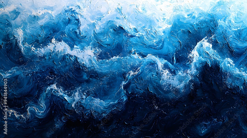 Dynamic blue ocean waves depicted in an abstract painting style. Dynamic blue ocean waves depicted in an abstract painting style.