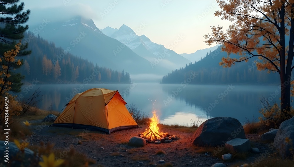 A misty morning in the mountains with a tent pitched amid lush greenery, creating a serene and peaceful camping atmosphere. A misty morning in the mountains with a tent pitched amid lush greenery, creating a serene and peaceful camping atmosphere.