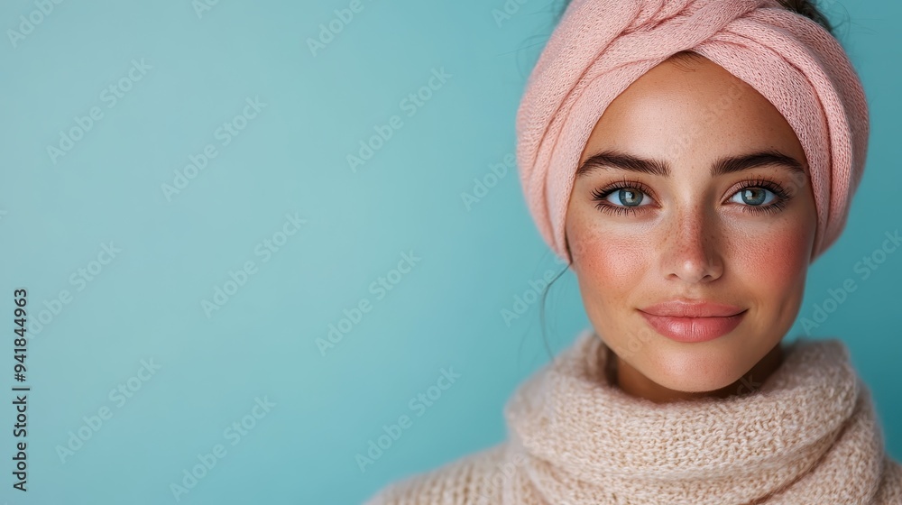 A woman with radiant freckles and blue eyes smiles softly, wearing a pink headband and a knitted sweater, against a blue backdrop, reflecting warmth and ease. A woman with radiant freckles and blue eyes smiles softly, wearing a pink headband and a knitted sweater, against a blue backdrop, reflecting warmth and ease.