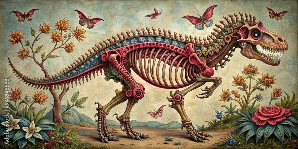 Obraz premium Neo-Victorian Paleontology: Reinvents Victorian-era scientific illustrations with a contemporary twist, combining intricate line work and whimsical details.
