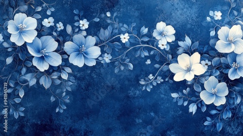 Blue and White Floral Painting on a Blue Background