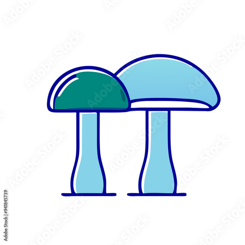 Two mushrooms icon in minimal style, blue and green colors, nature and organic food concept