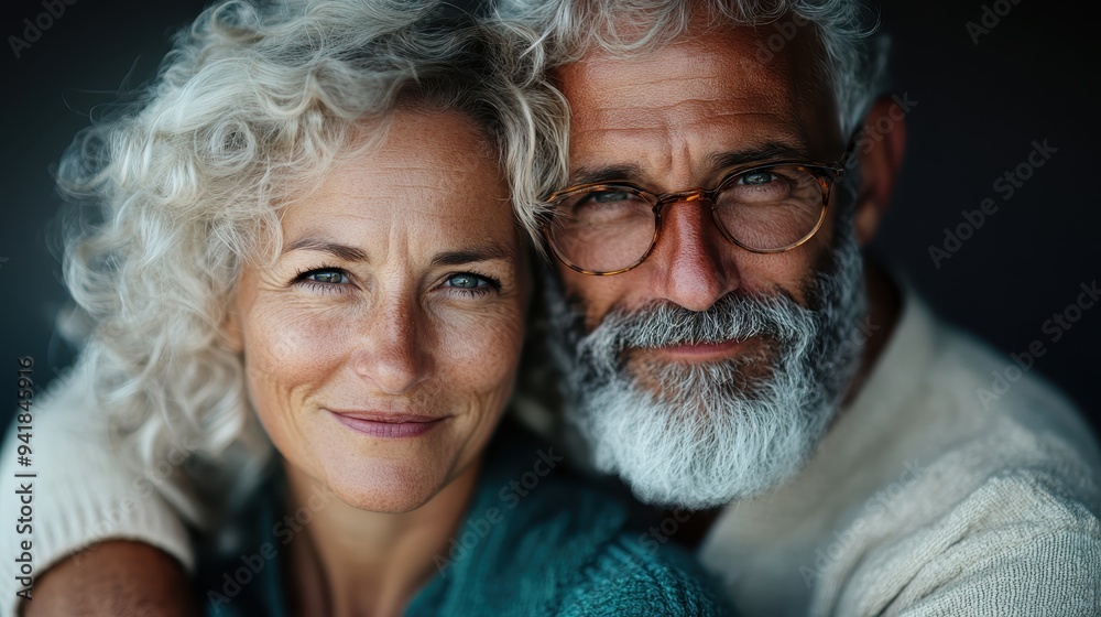 A heartwarming portrait of an elderly couple with white hair, looking into the camera with warm smiles and wearing cozy sweaters, symbolizing enduring love and companionship.