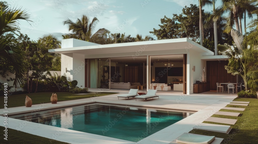 A modern single-story house features a serene pool in the backyard ...