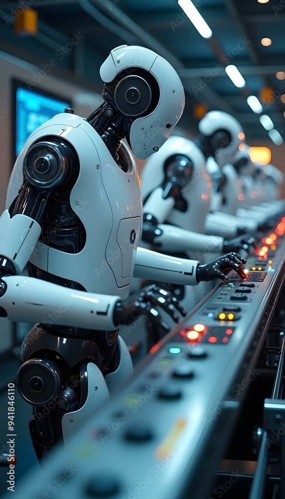 Obraz premium A network of AI-controlled robots working in sync within a high-tech warehouse, managing tasks with precision and efficiency, showcasing advanced automation and coordination.