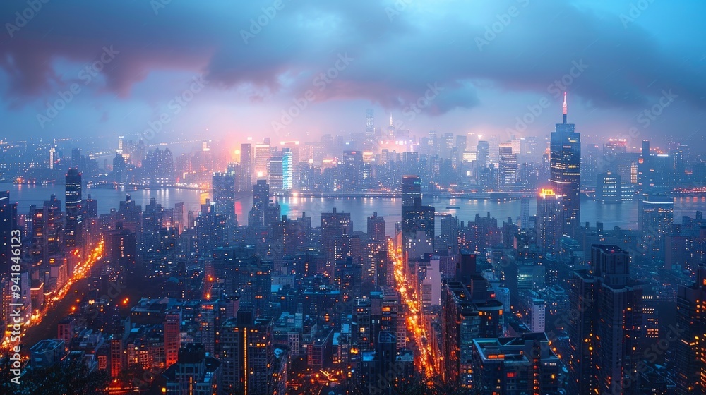 A breathtaking twilight skyline of a vibrant city with illuminated buildings and shimmering water reflections. Generative AI A breathtaking twilight skyline of a vibrant city with illuminated buildings and shimmering water reflections. Generative AI