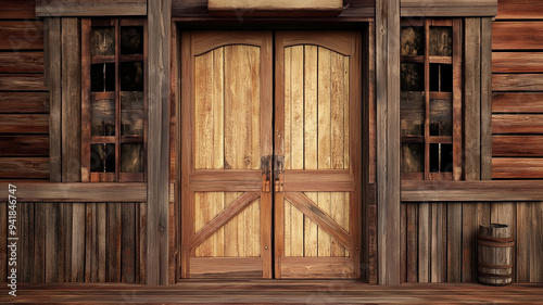 A Wild West saloon door background image scene with rough wood siding and a small barrel, an old timey porch scene