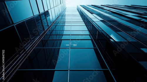 Close-up of the entrance of a tall building with sleek, modern design elements and reflective surfaces