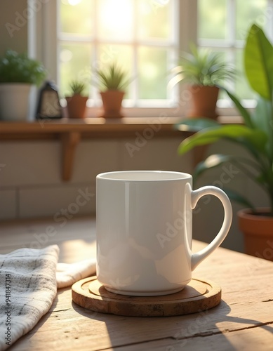 A plain white coffee mug with a matte finish, placed on a rustic wooden table, emphasizing simplicity and elegance in design