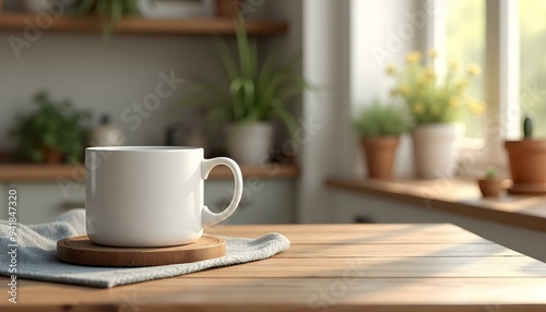 A plain white coffee mug with a matte finish, placed on a rustic wooden table, emphasizing simplicity and elegance in design