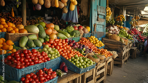 A vibrant and colorful market scene with fresh fruits and vegetables beautifully arranged on rustic wooden stalls