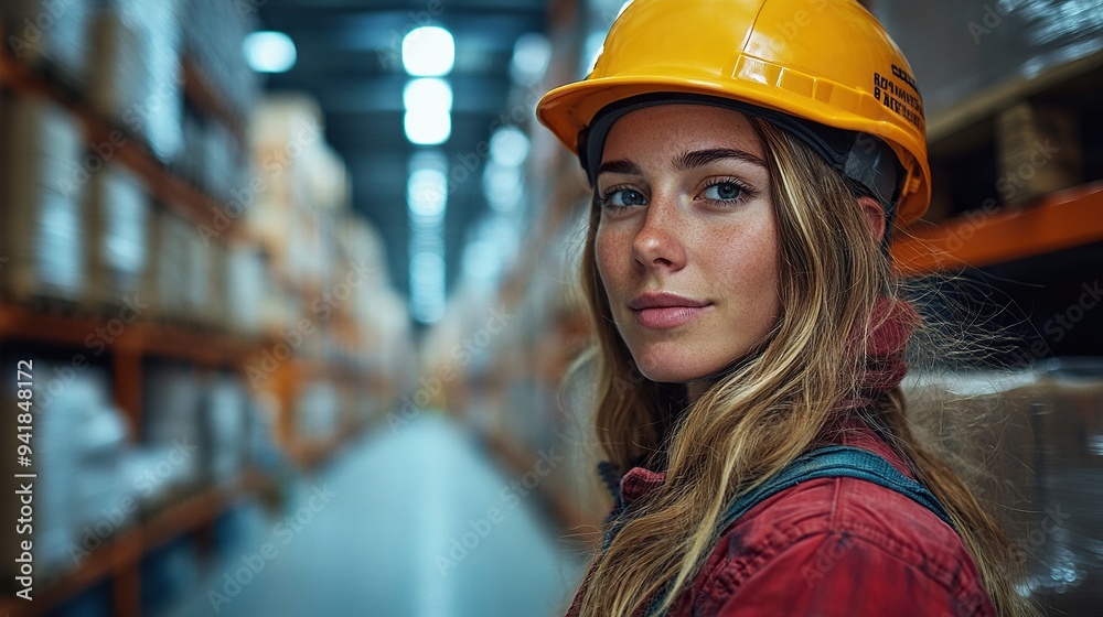 warehouse employee putting on working helmet female warehouse worker standing in warehouse vertical view.illustration warehouse employee putting on working helmet female warehouse worker standing in warehouse vertical view.illustration
