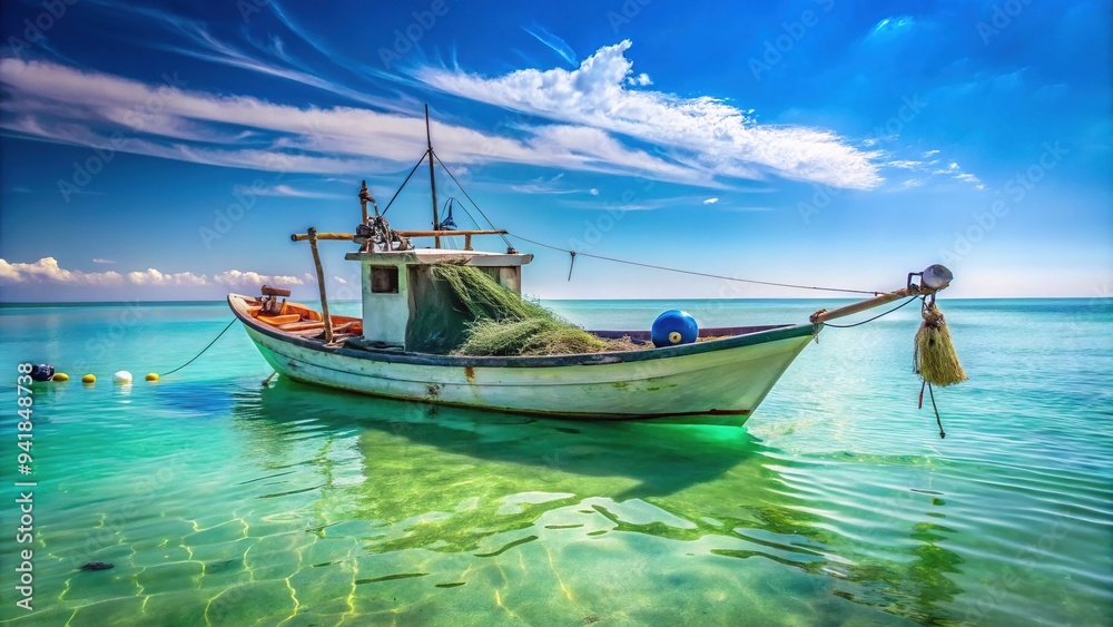 A weathered fishing boat drifts calmly on turquoise marine waters, its nets and ropes strewn about, under a cloudless blue sky with subtle wave textures.