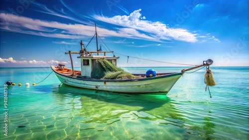 A weathered fishing boat drifts calmly on turquoise marine waters, its nets and ropes strewn about, under a cloudless blue sky with subtle wave textures.