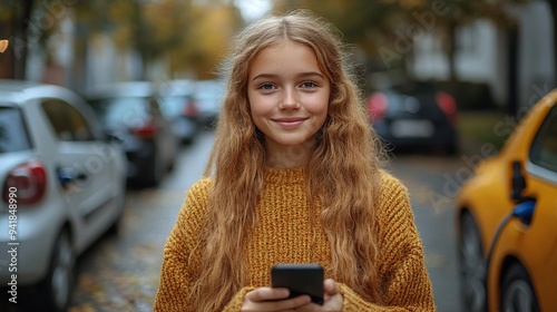 Girl scrolling on smartphone while electric car with charger in charging port is charging before going to school..stock image photo