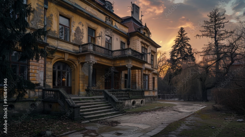 Fototapeta premium A historical mansion showing the passage of time, with an alluring rustic entrance and surrounding nature, bathed in the warm hues of sunset.