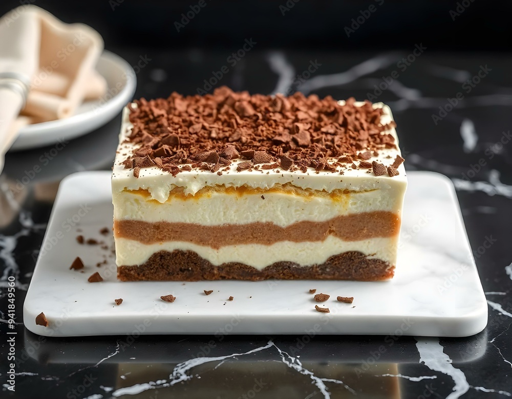 tiramisu placed on a black marble surface, with rich chocolate shavings on top create with ai tiramisu placed on a black marble surface, with rich chocolate shavings on top create with ai