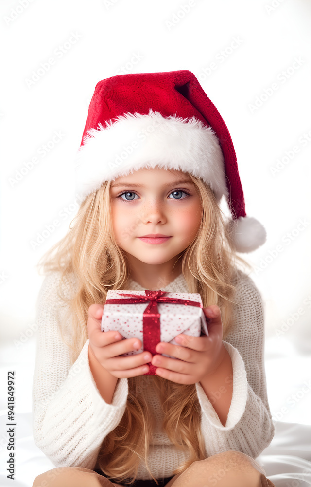 isolated christmas blond baby girl in santa hat opening a gift box; white background isolated christmas blond baby girl in santa hat opening a gift box; white background