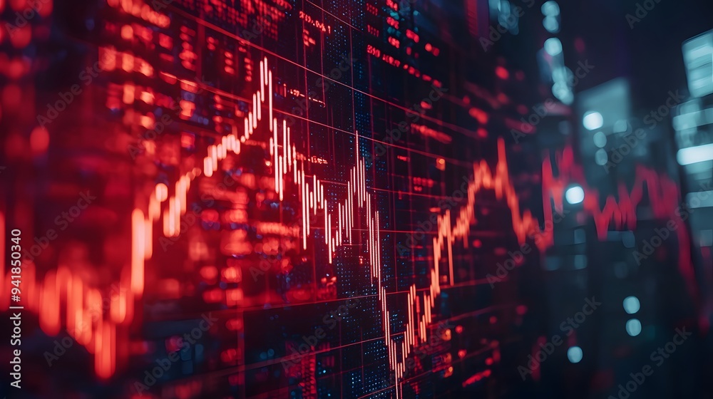 Dynamic red financial data visualization on a digital screen. Dynamic red financial data visualization on a digital screen.