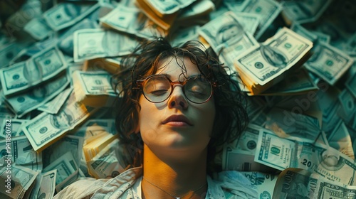 A young person surrounded by stacks of money lying blissfully on a vibrant floor of cash in a dimly lit room. Generative AI