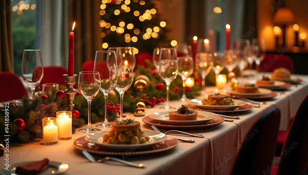 A sophisticated Christmas dinner table set for a festive feast, featuring elegant tableware, lush centerpieces, and sparkling decorations that create a warm holiday atmosphere A sophisticated Christmas dinner table set for a festive feast, featuring elegant tableware, lush centerpieces, and sparkling decorations that create a warm holiday atmosphere