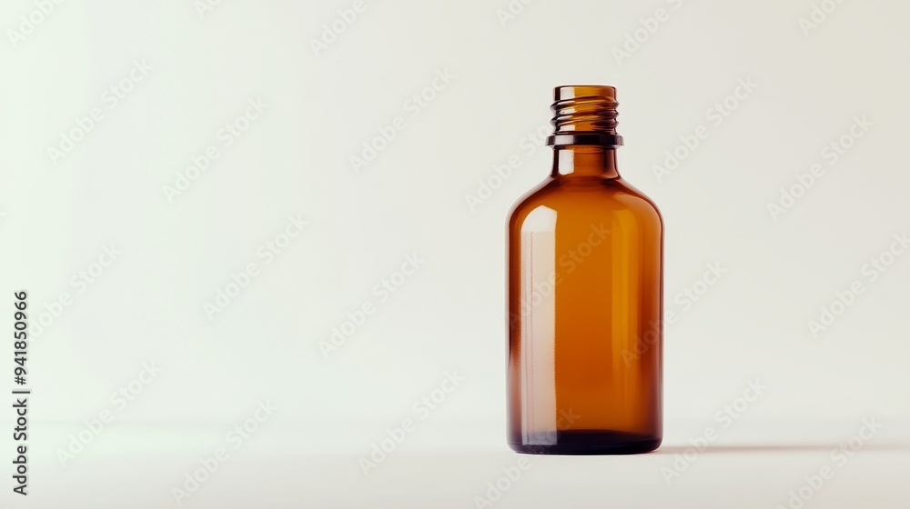 An empty amber glass bottle on a clean surface, ideal for packaging essential oils or herbal extracts. An empty amber glass bottle on a clean surface, ideal for packaging essential oils or herbal extracts.