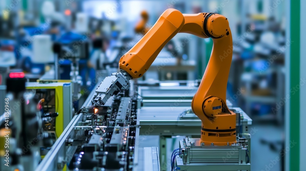 An industrial robotic arm working on an automated assembly line in a modern factory setting. An industrial robotic arm working on an automated assembly line in a modern factory setting.