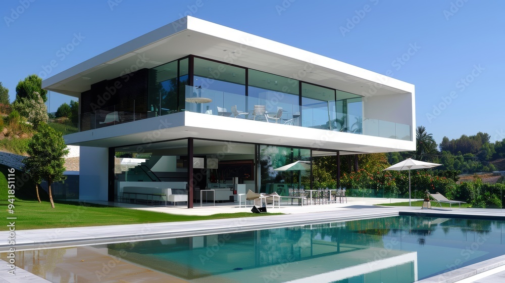 A luxurious modern two-story house featuring floor-to-ceiling glass windows, white concrete, and an outdoor swimming pool, set in a serene environment.