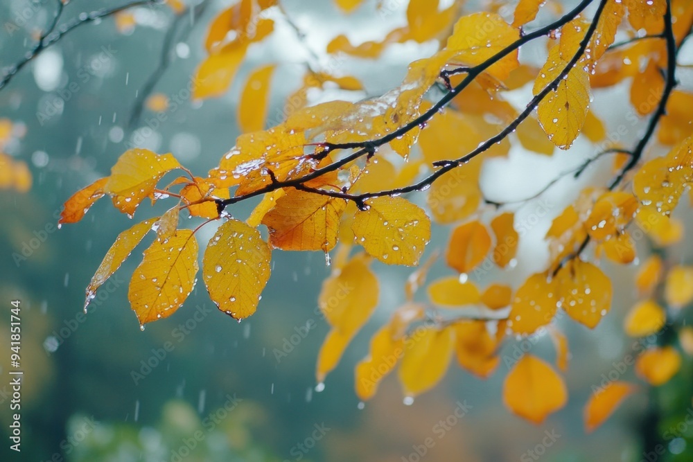 Rain falling from golden leaves on branch in autumn Rain falling from golden leaves on branch in autumn