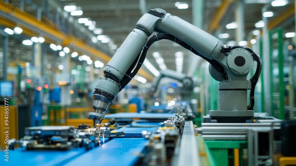 Fototapeta premium Modern industrial facility showcasing a robotic arm performing assembly tasks on a production line for enhanced efficiency.