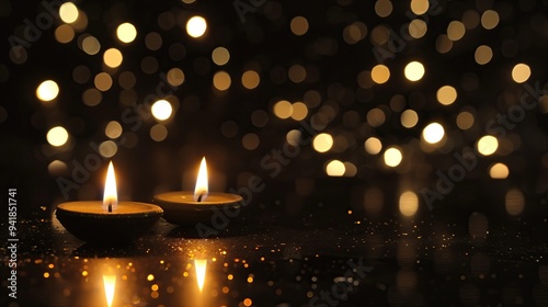 happy diwali two diya glowing candles on reflective surface warm bokeh background copy space