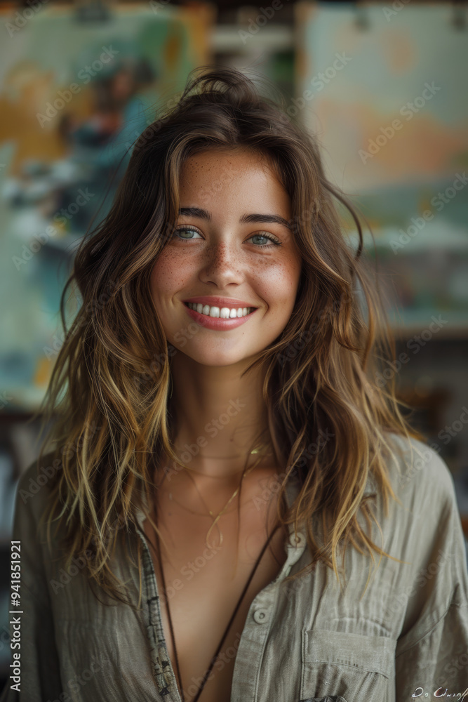 Obraz premium A joyful young artist stands and poses in her studio, surrounded by various portraits displayed on the walls, highlighting her vibrant and creative workspace with an inspiring atmosphere.