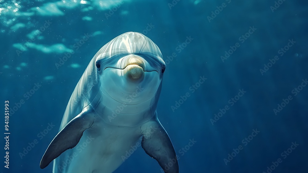 Obraz premium Playful dolphin swimming gracefully in crystal-clear blue waters.