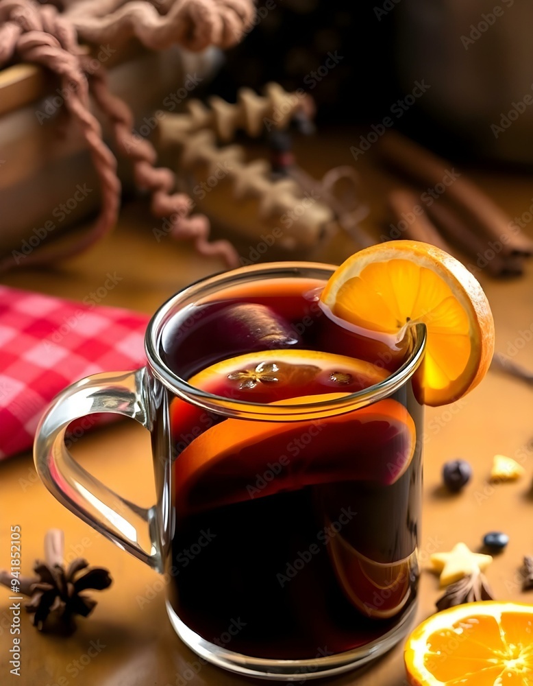 A steaming mug of mulled wine garnished with orange slices and a cinnamon stick, exuding a warm, spiced aroma perfect for cozy winter nights A steaming mug of mulled wine garnished with orange slices and a cinnamon stick, exuding a warm, spiced aroma perfect for cozy winter nights